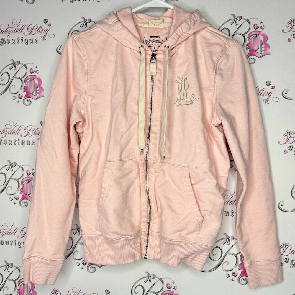 Ralph Lauren sweater zip up hoodie embroidered pink white light baby pink rare